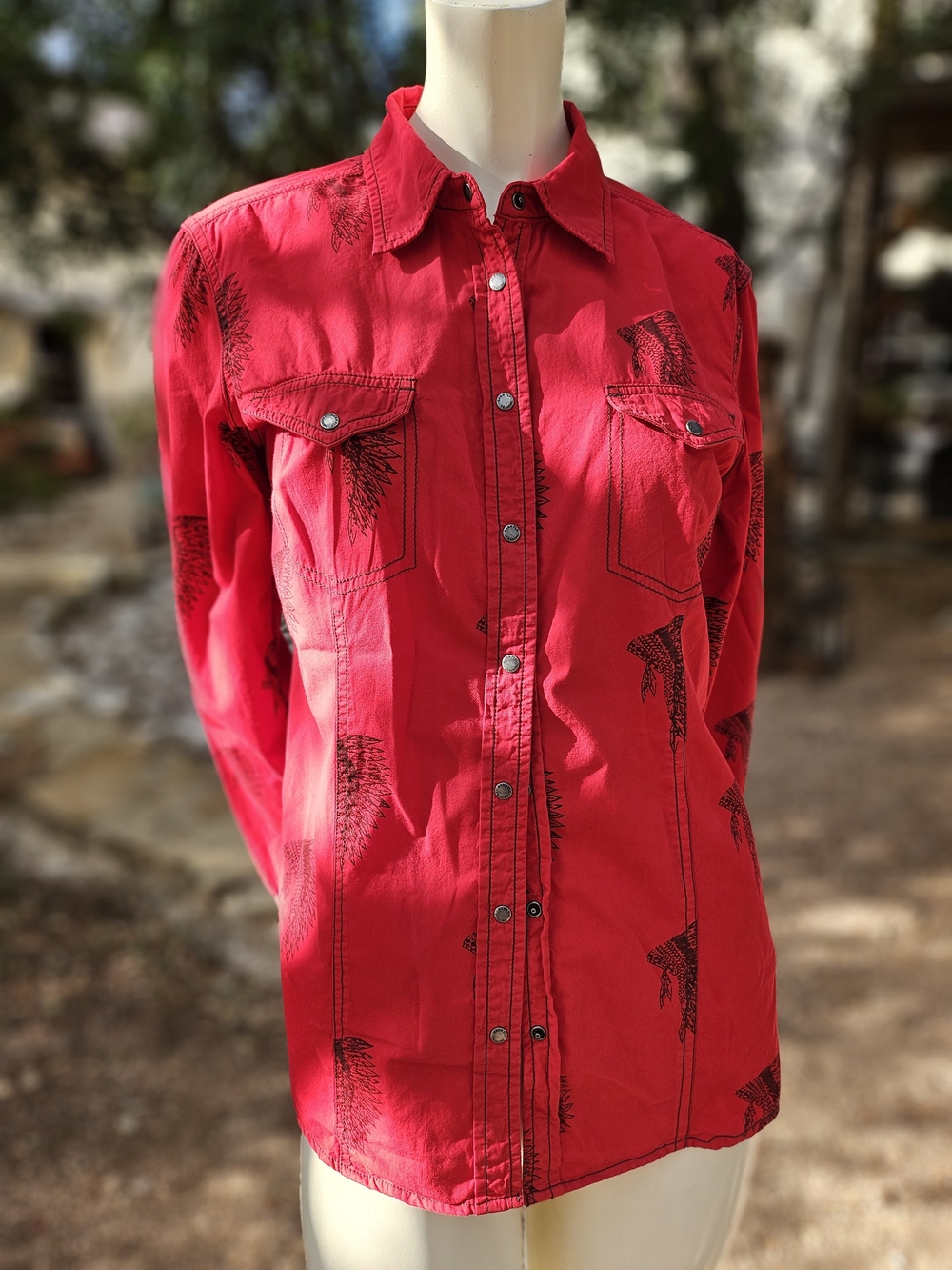 Barn Fly Trading Red Cotton Button-Front Western Indian Heads Shirt M